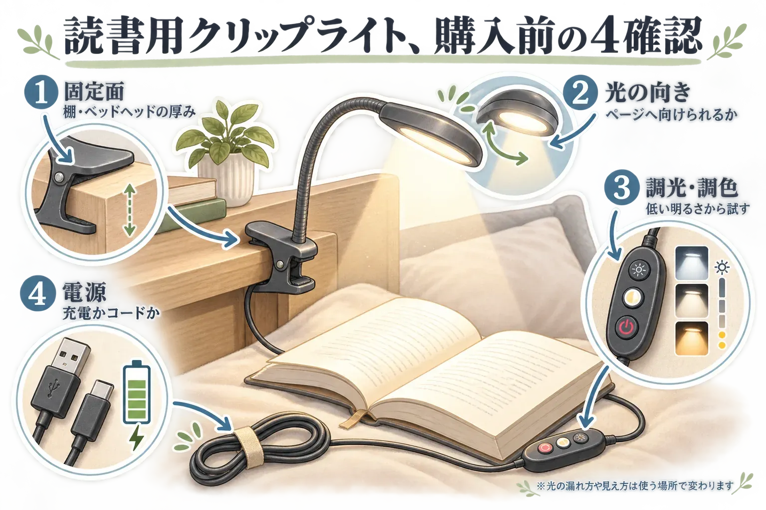 読書用クリップライトを購入前に確認する4項目の図。固定面では棚やベッドヘッドの厚み、光の向きではページへ向けられるか、調光・調色では低い明るさから試すこと、電源では充電式かコード式かを示す。ベッドヘッドに固定したライトで開いた本を照らすイラストと、光の漏れ方や見え方は使う場所で変わる注意書きがある。