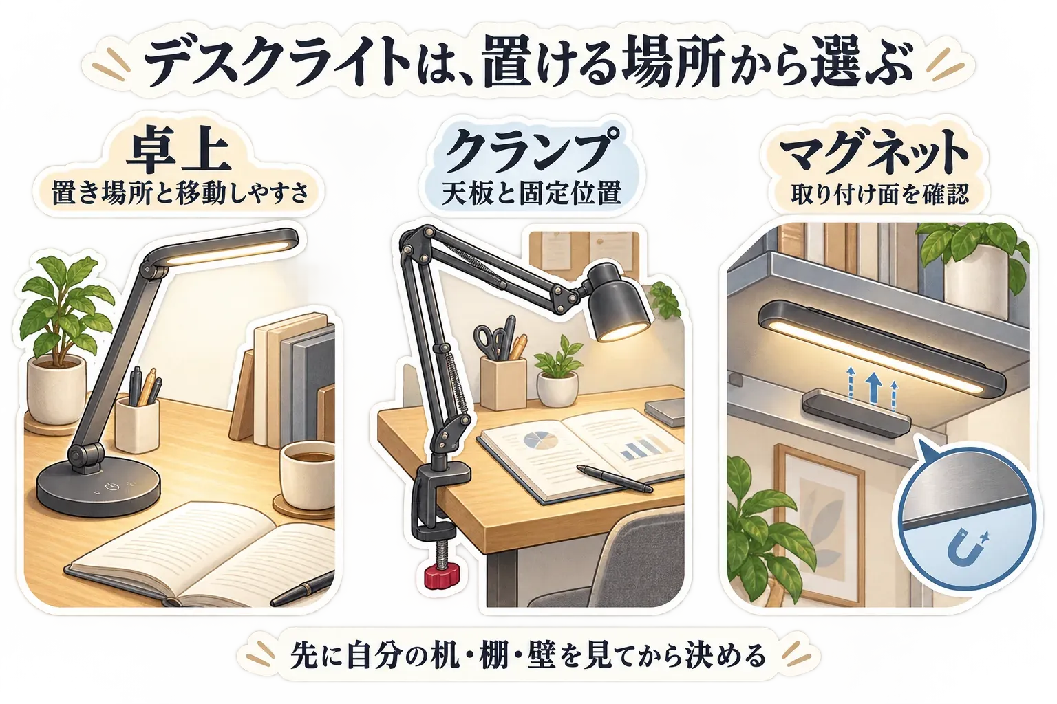 デスクライトの設置方式の比較。卓上式は置き場所と移動しやすさ、クランプ式は天板と固定位置、マグネット式は金属製の取り付け面を確認して選ぶことを示している。