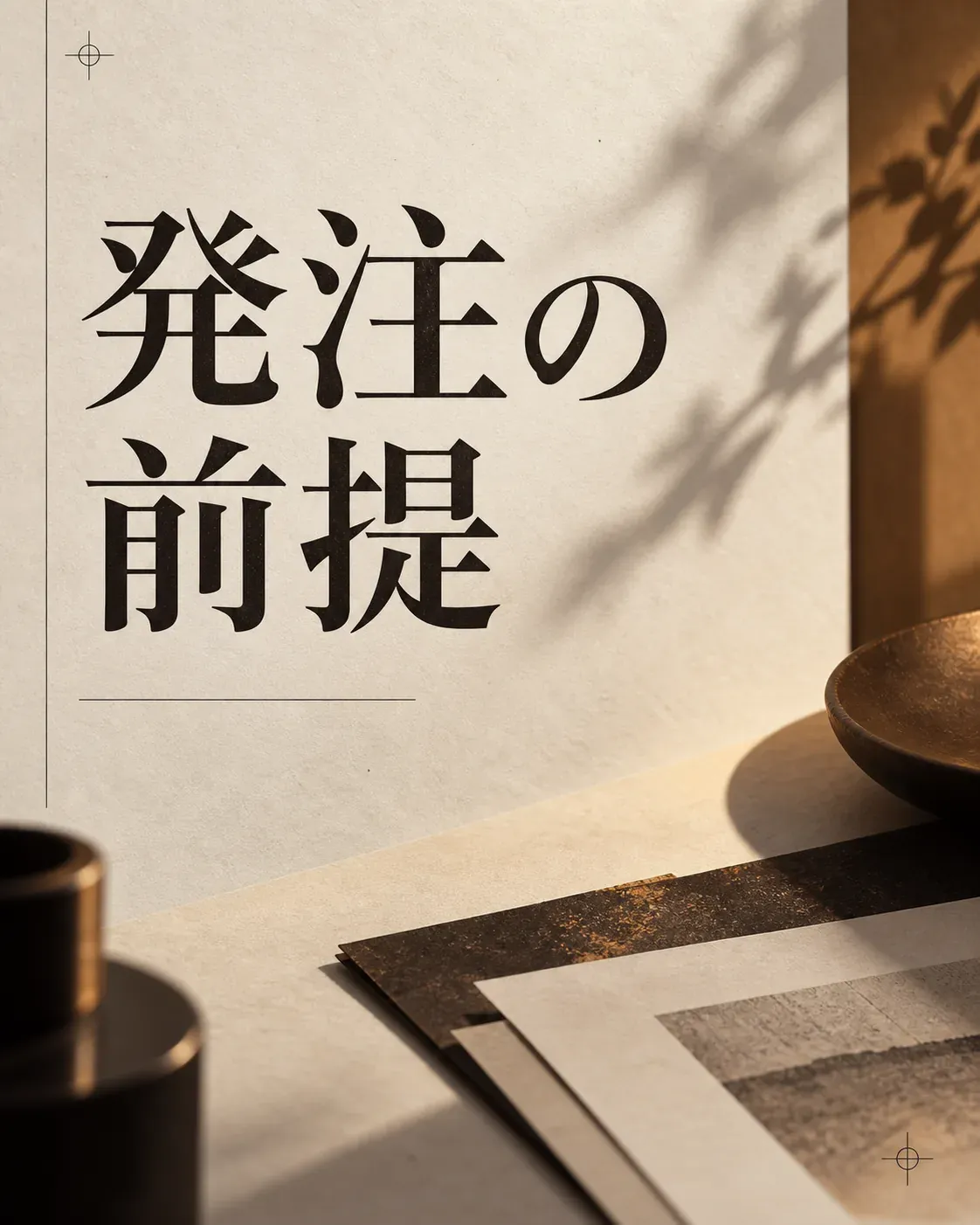 発注の前提という文字と、暖色の光で壁面と机上を照らすベッド脇の照明を描いたイメージ。置き場所の天板寸法、本体の高さ、コードの取り回しを確認してから選ぶ場面を表している。