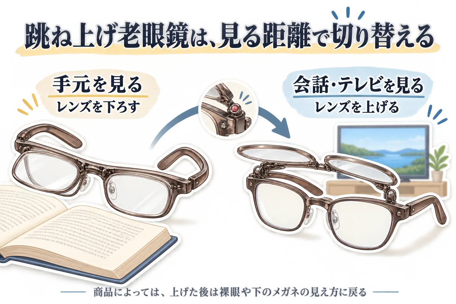 跳ね上げ老眼鏡は、手元を見るときはレンズを下ろし、会話やテレビを見るときはレンズを上げる使い分けを示す図。上げた後は商品によって裸眼または下に掛けたメガネの見え方に戻る。