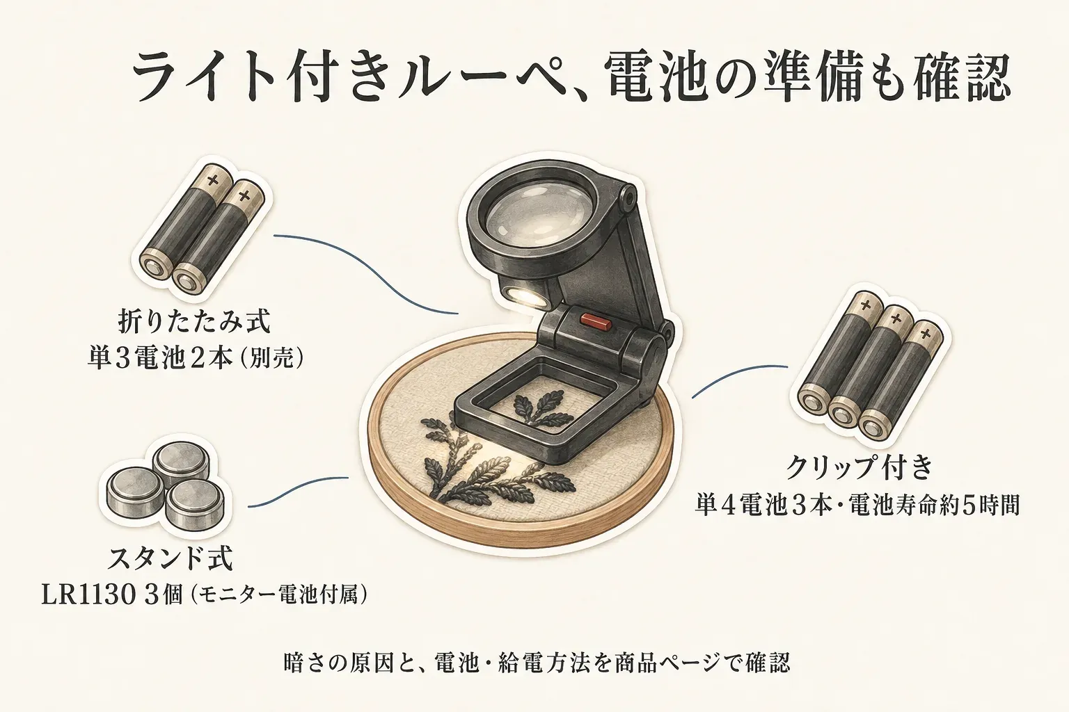 ライト付きルーペで確認する暗さと電池の準備。折りたたみ式は別売の単3電池2本、スタンド式はモニター電池付きのLR1130を3個、クリップ付きは単4電池3本で電池寿命約5時間と示し、暗さの原因と電池・給電方法を商品ページで確認するよう案内している図。