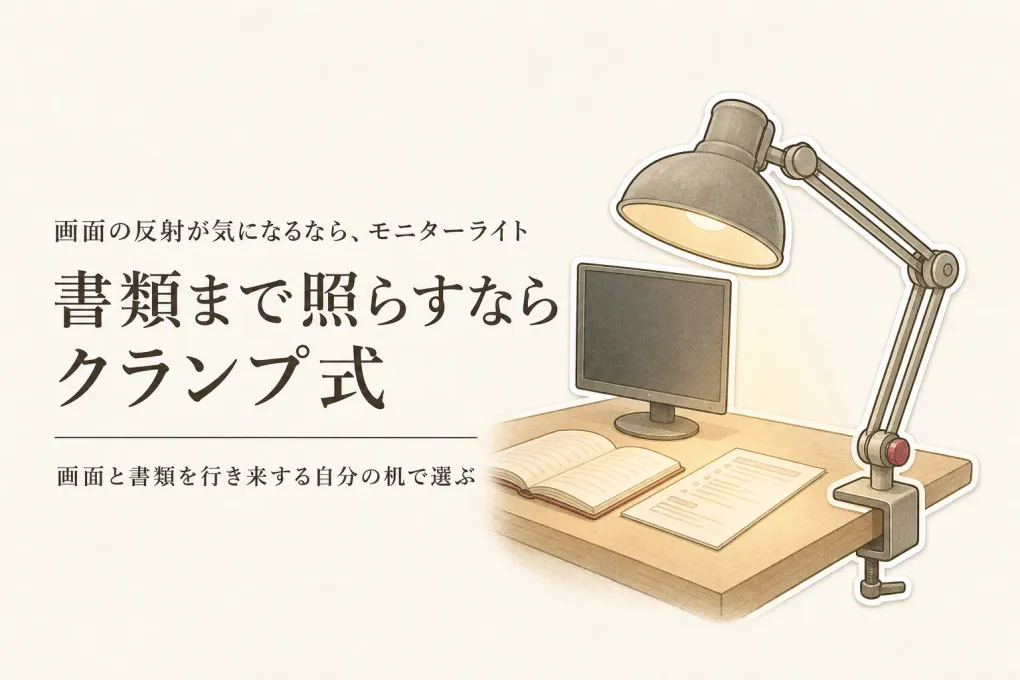 モニターライトとクランプ式デスクライトはどっち？画面の反射と書類の見やすさで選ぶ