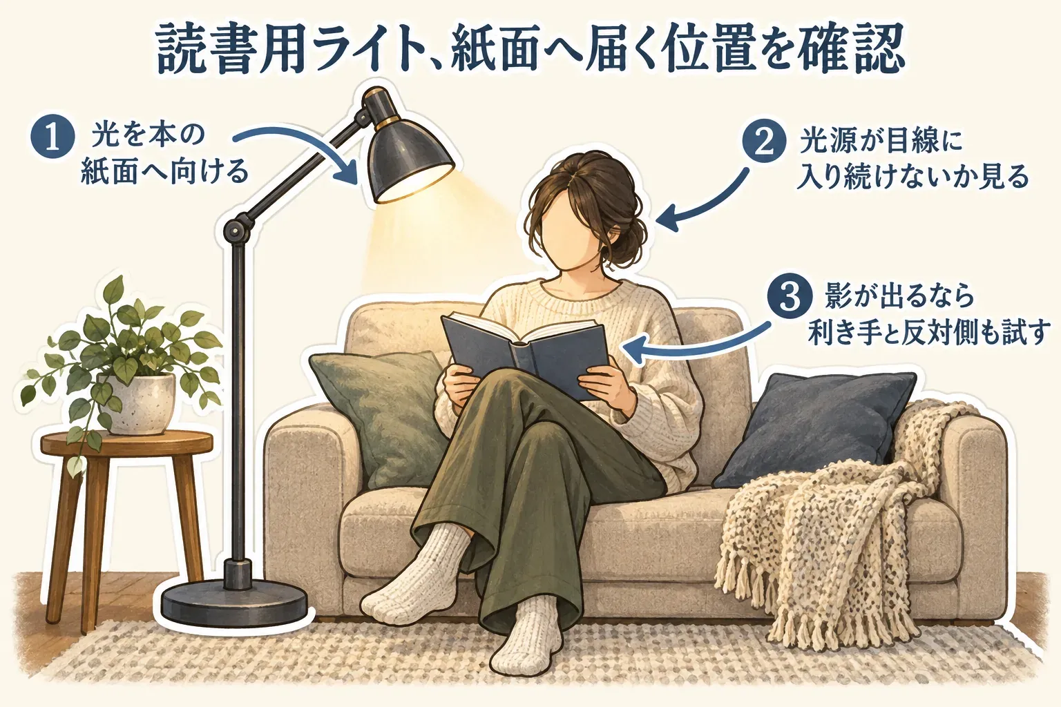 ソファで本を読む人と読書用ライトの配置。光を本の紙面へ向け、光源が目線に入り続けないかを確認し、影が出る場合は利き手と反対側にライトを置くことを示している。