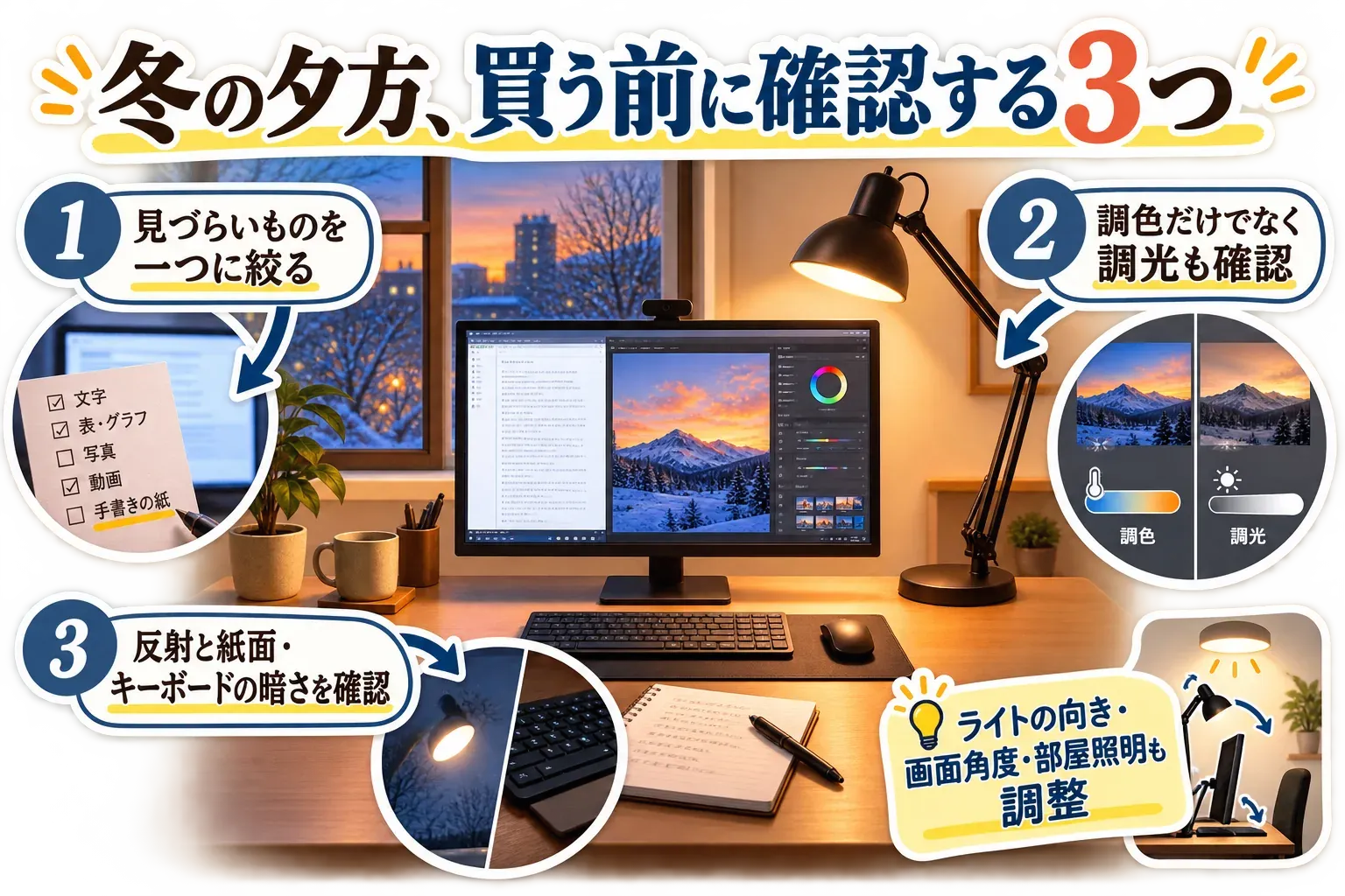 冬の夕方にライトを買う前の3つの確認事項。見づらいものを一つに絞り、調色だけでなく調光も確認し、画面の反射と紙面・キーボードの暗さを確認して、ライトの向き・画面角度・部屋の照明を調整する。